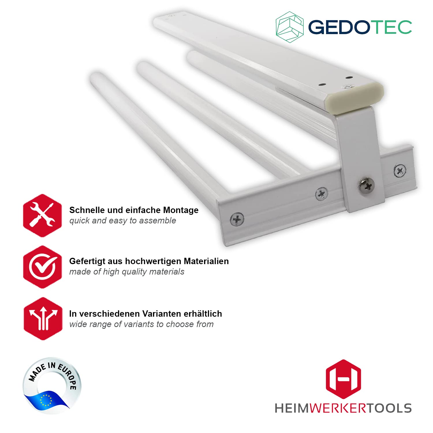 GedoTec Toallero extensible toalla tira-hacia fuera HOSTAL fabricado en aluminio blanco cubierto Toallero de barra 1-armig Longitud de instalación 443 mm Sostenedor de la toalla de té para Laterales &