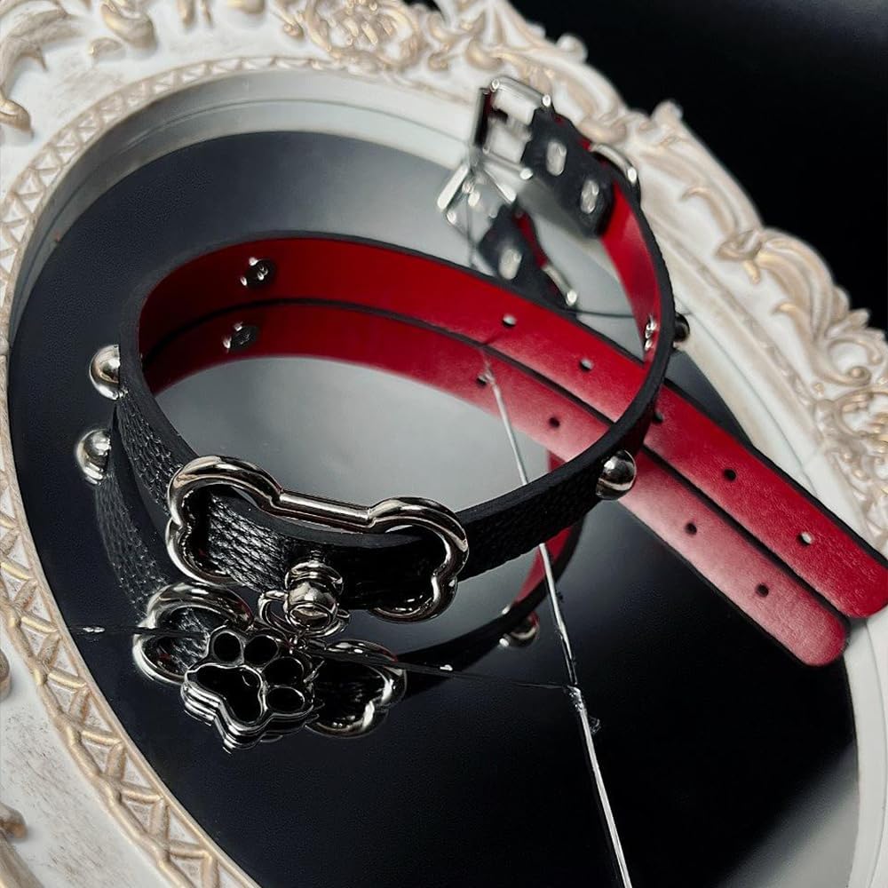 BDSM Black Red Leather Collar, Dog paw-shaped Collar Only