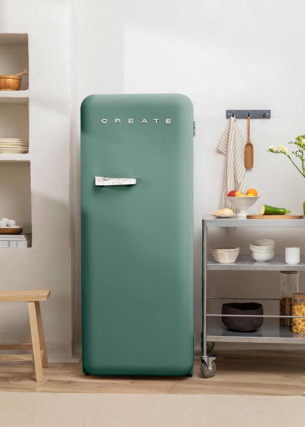 CREATE / RETRO FRIDGE 150 WOOD/Frigorífico blanco roto maneta madera con congelador 281L / 102W. bajo consumo. diseño vintage. 150cm. 3 estantes. regulador temperatura. botellero. 60x60x150cm — view 54