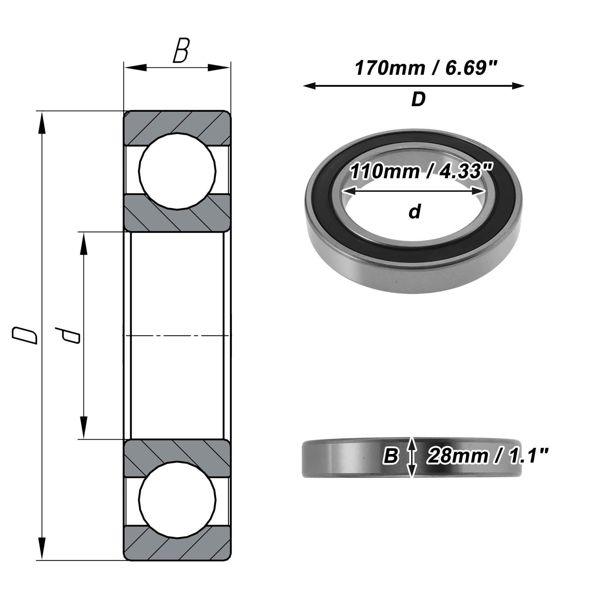 A ABSOPRO Cuscinetti a sfera a gola profonda 6022VV 110x170x28mm / 4.33"x6.69"x1.1" P5 Doppia guarnizione in gomma Cuscinetti lubrificati 1 pezzo Ruota universale per auto Argento Nero