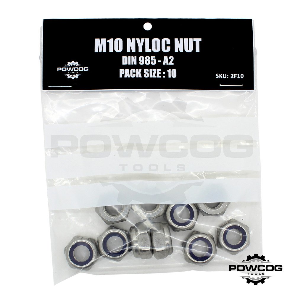 Powcog Silver M10 Nyloc Nut - A2 Stainless Steel Lock Nuts Grade 304 Metric - Din 985 - By Powcog® - Pack Of 10