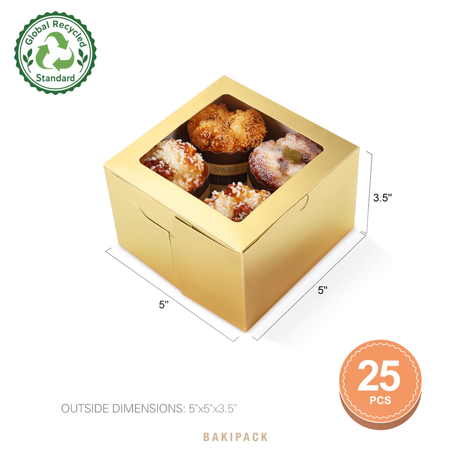 25 cajas doradas de panadería con ventana de 5 x 5 x 3.5 pulgadas, cajas de postre para llevar con ventana, cajas de dulces para panadería pequeña, postre, dulces, galletas, pastelería