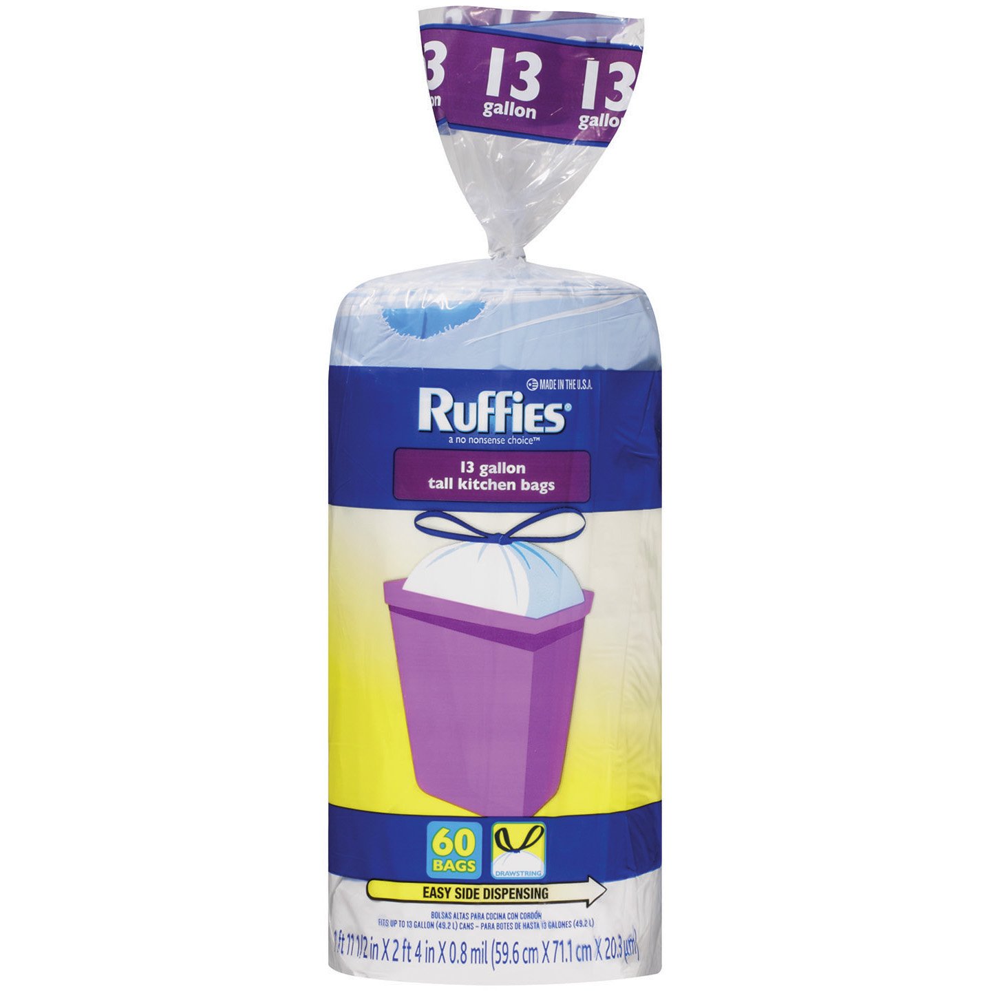 Berry Plastics 981605 Ruffies Tall Kitchen Drawstring Trash Bag, 13 Gallon Capacity (8 Packs of 60)