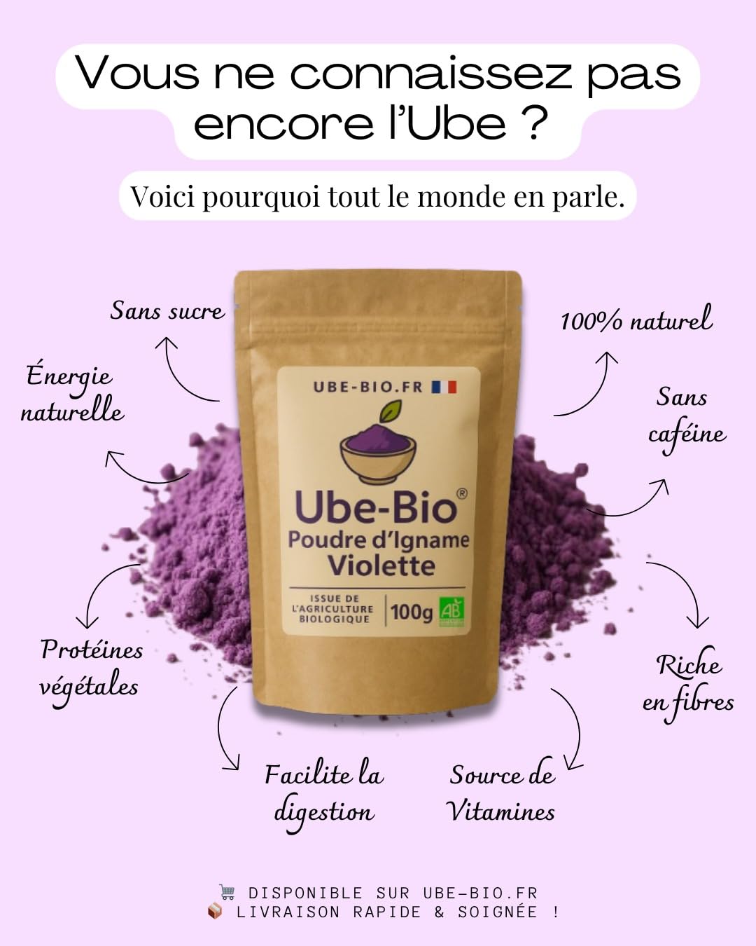 Polvo de Ube Bio 100g, Ñame Violeta Natural (Dioscorea Alata): Superalimento Vegano sin Gluten