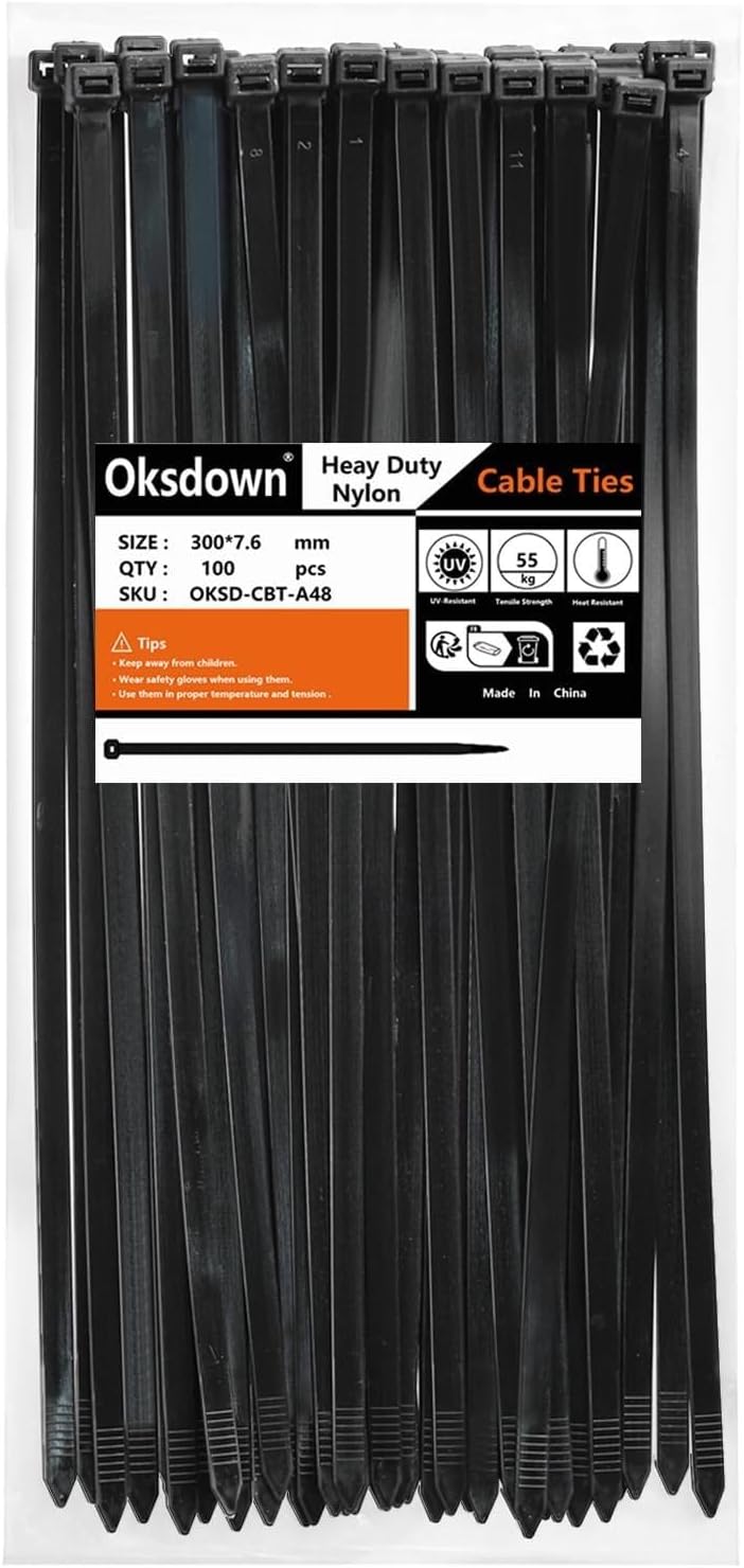 100 Pack Black Thick Cable Ties Heavy Duty Large 300mm×7.6mm Strong Nylon Plastic Self Locking 12 inch/30 cm Extra Long Zip Tie Wraps