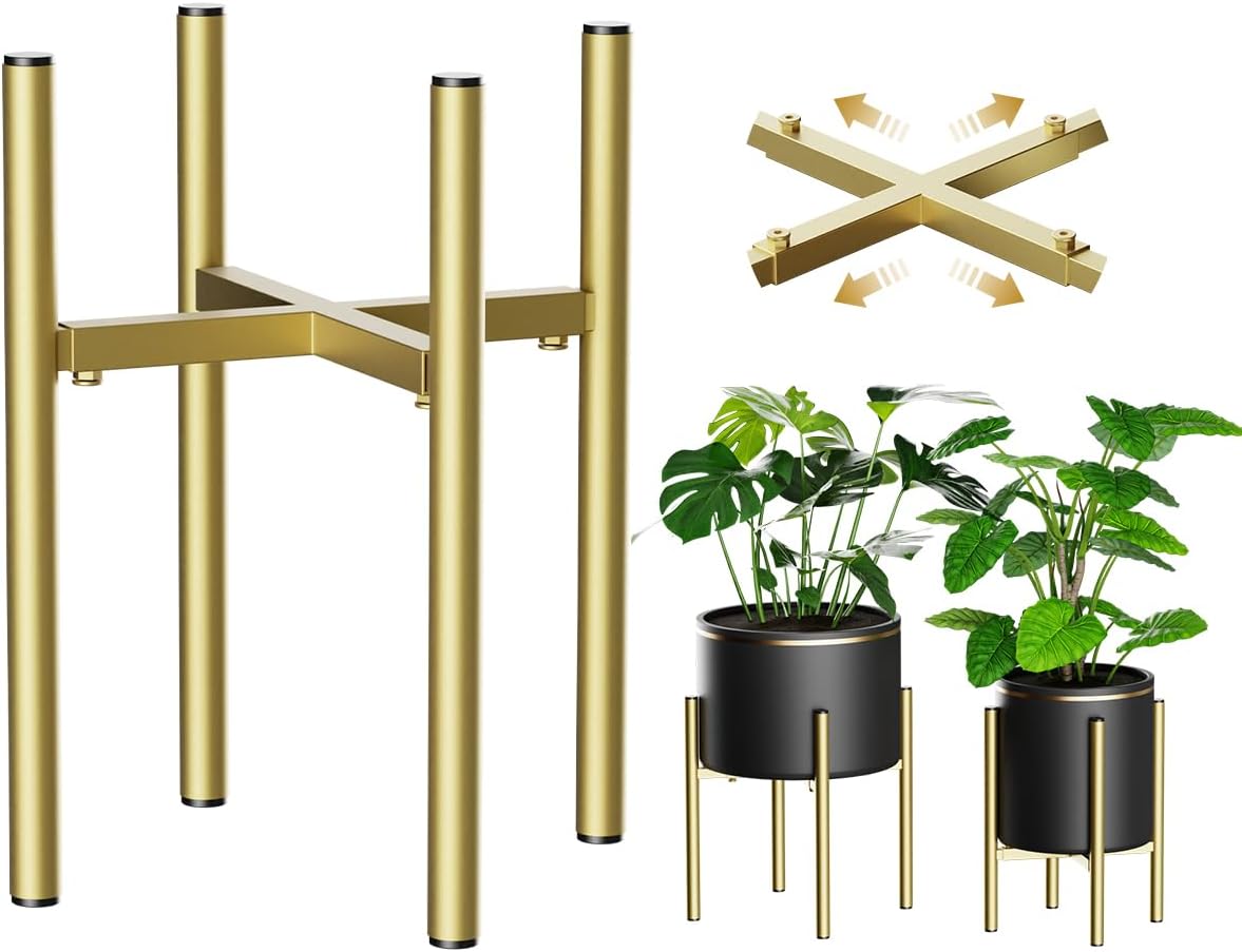 H HOMEXIN Adjustable Plant Stand Indoor, Metal Plant Stand 8 to 12 Inches, Single Floor Plant Pot Stand Mid Century Plant Holder for Indoor Outdoor Plants - Gold (Pot Not Include