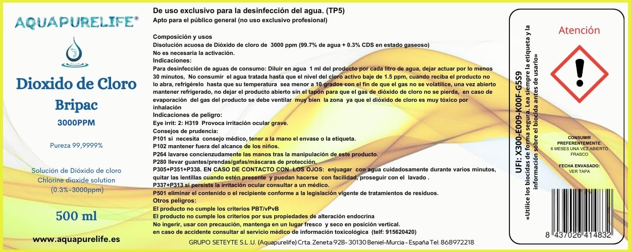 Dióxido de Cloro 500 ml - CDS 3000 ppm Solución Activada 0,3% - Formato Ahorro - Fabricante Directo - Botella Cristal Ámbar con Jeringa - Fabricado en España