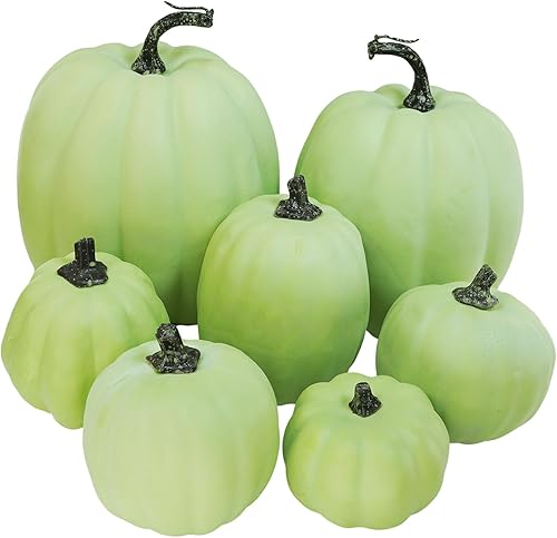 Winlyn 7 calabazas artificiales de cosecha de color verde claro surtidas para Acción de Gracias, Halloween, otoño, mesa de boda, centro de mesa,