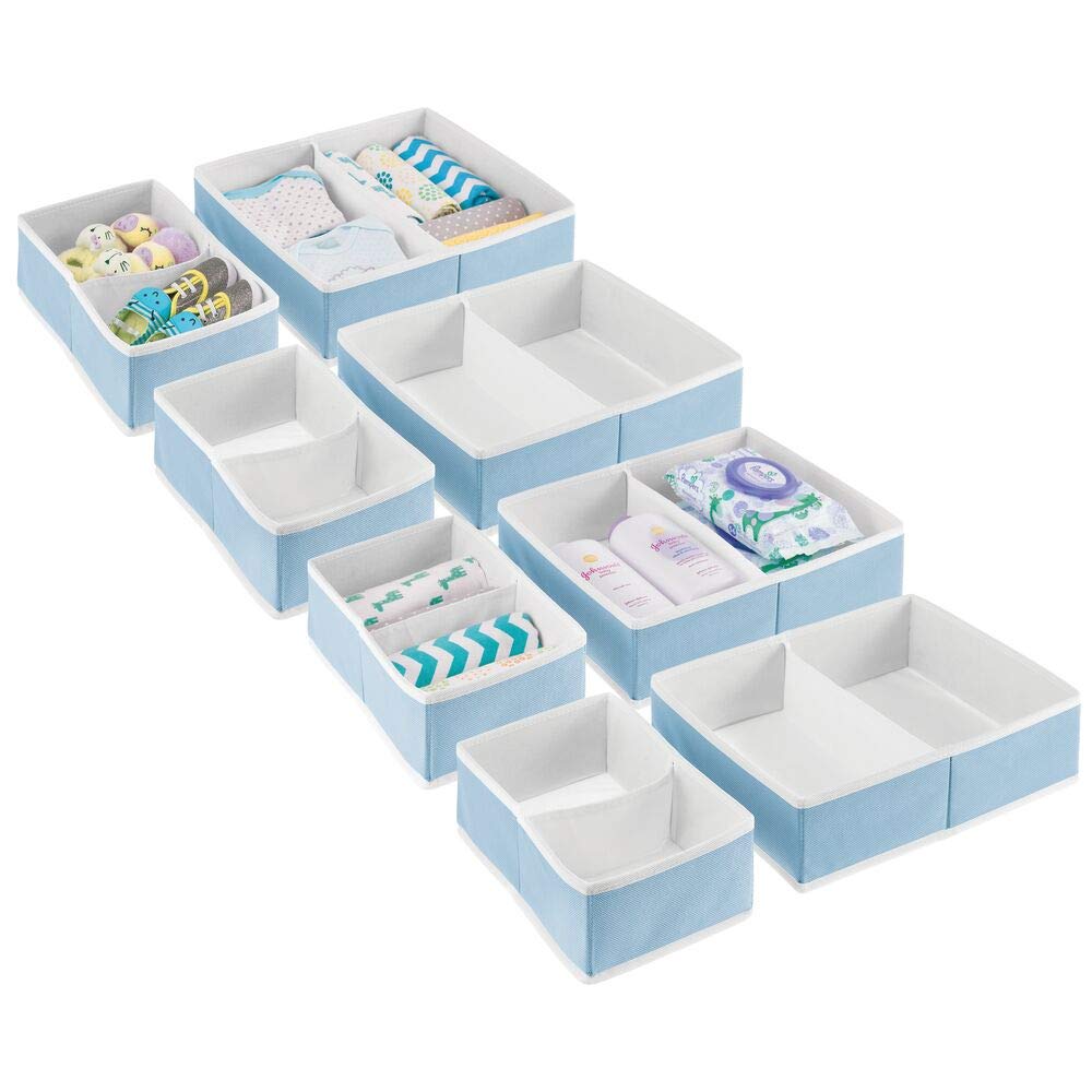 mDesign Soft Fabric 2-Piece Dresser Drawer Storage Organizers for Baby/Infant Nursery or Bedroom - Divided Drawer Organizer - Holds Clothing, Socks, Diapers, 4 Pack, Jane Collection, Light Blue/White