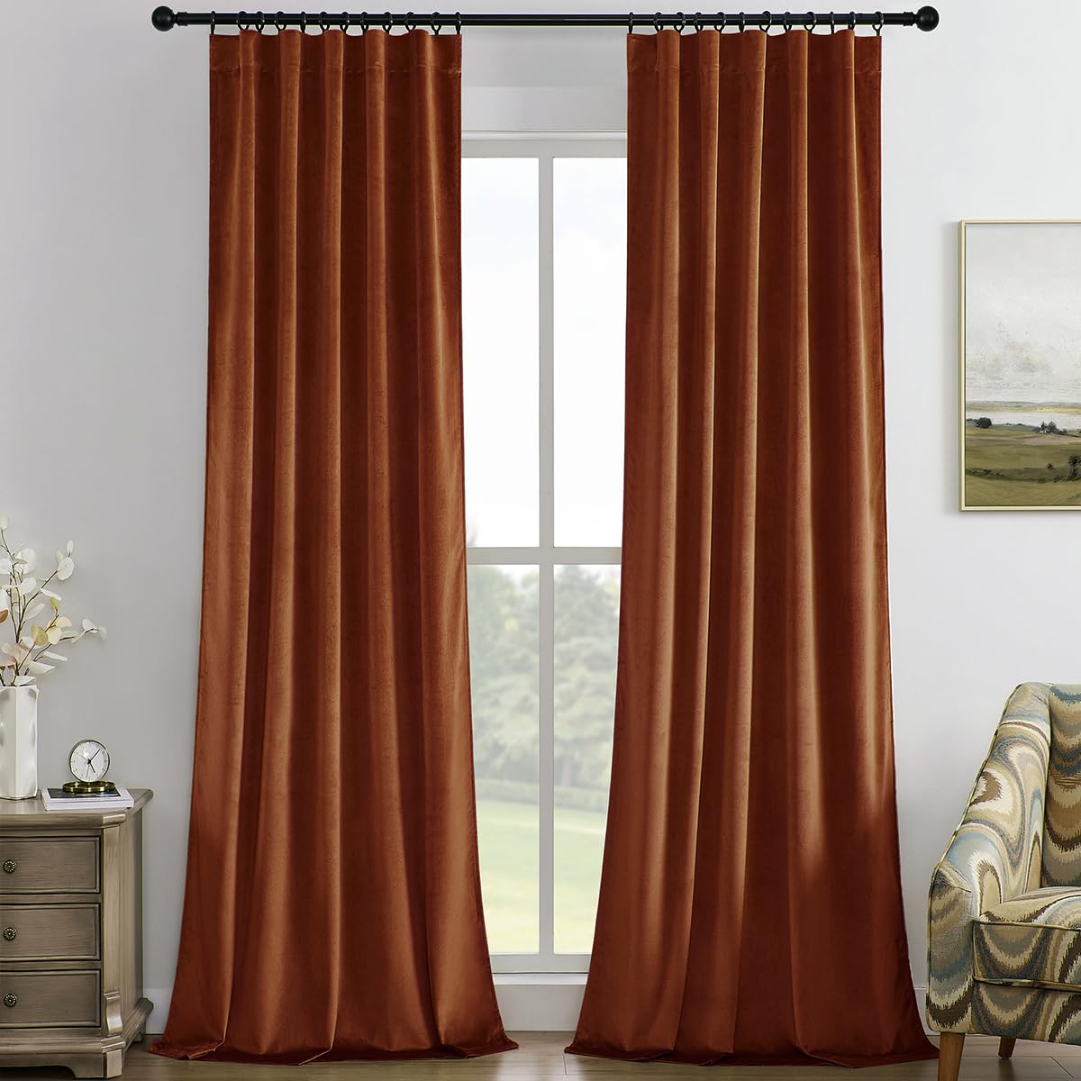 Timeper Burnt Orange Pleat Back Tab Velvet Curtains W42 x L96 inches 2 Panels, Room Darkening Solid Home Decor Curtains for Bedroom Living Dining Room Thermal Insulated Luxury Super Soft Window Drapes โ image 1