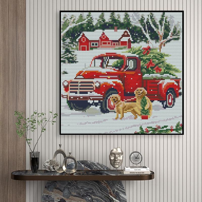 Image of Red Truck with Christmas Tree Golden Retrievers DIY 11CT Stamped Cross Stitch Kits for Beginners Easy Needlepoint Embroidery Counted Cross Stitch Art Craft for Wall Decoration 14x14inch(12)