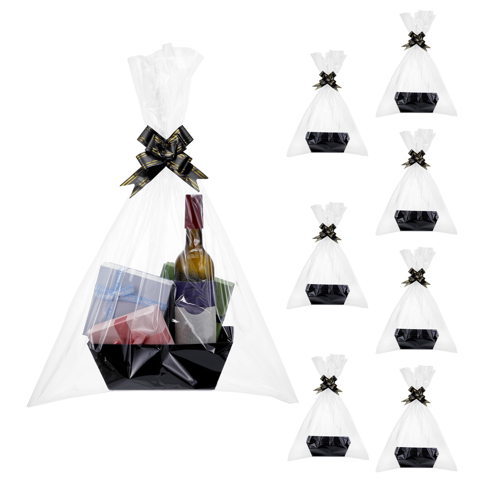 Lemecima 8-PACK Black Baskets For Gifts Empty, 7 x 10” Gift Basket with 8 Bows 8 Bags Empty Gift Baskets for Christmas, Easter, Birthdays, Snacks,