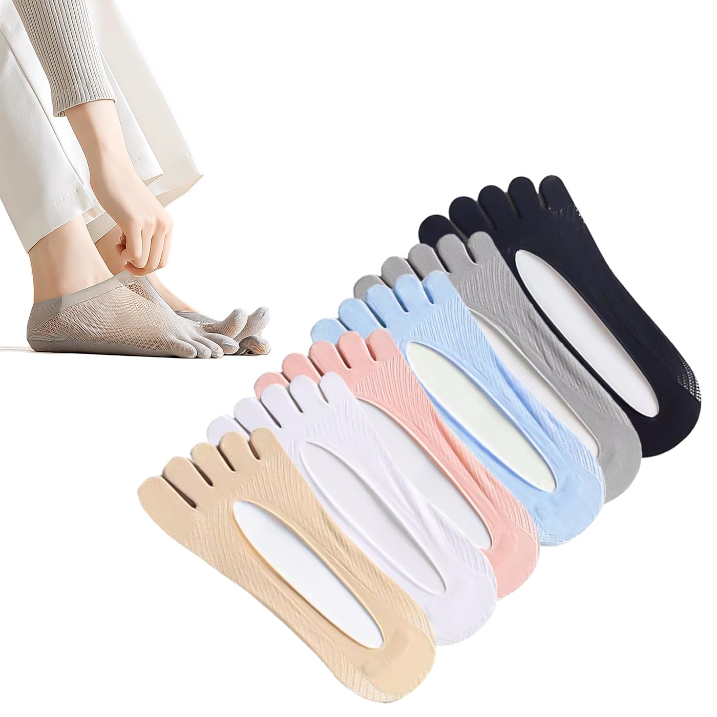 MoHern 6 Paar Zehensocken für Ballenzehen, Damen Fünf Finger Low Cut Sockalign USA Zehensocken, rutschfest und atmungsaktiv Ballenzeh-Korrektor
