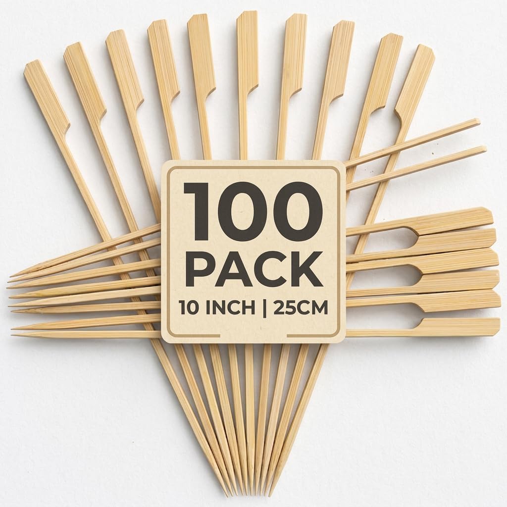 Bamboo Skewers 10 inch for BBQ Kebab STICKS -Flat Handle Meat Krift Sticks for Grilling -Long Wooden Skewers for Food (100 Pack-Flat)