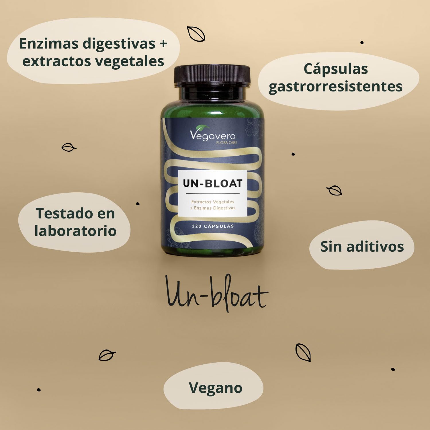 Vegavero Un-Bloat | Complejo de Enzimas Digestivas para Gases e Hinchazón Adultos | 120 Cápsulas | con Bromelina, Papaína, Lactasa, Alfa-d-galactosidasa | Vegano y Sin Aditivos