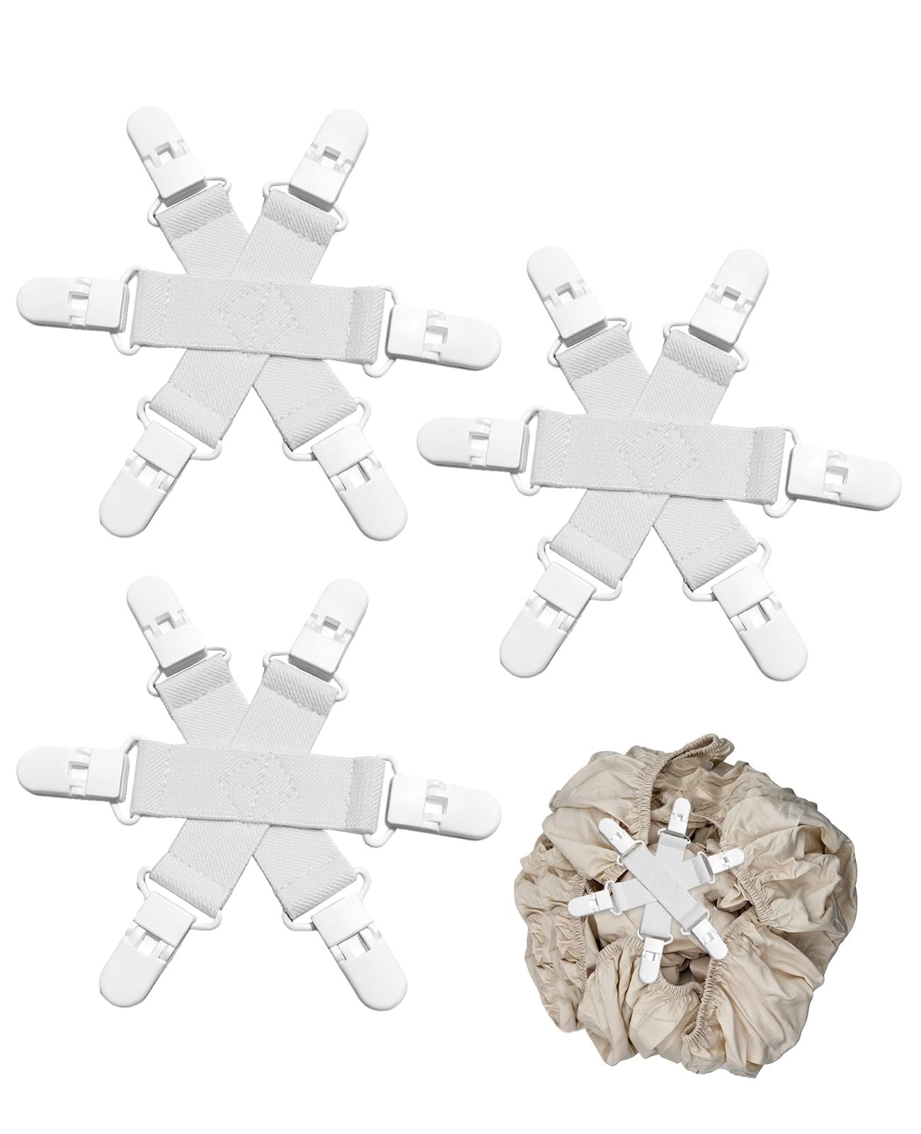 Rudfovn Bed Sheet Detangler with 6-Clips, 3-Pack Wad Preventer Stops Bedding from Tangling & Balling Up in The Dryer, for Sheets, Duvet Covers & Blankets (White)