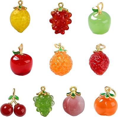 DanLingJewelry 10Pcs Mix Styles Fruit Lampwork Glass Charms 3D Fruit Beads with Findings Glass Food Charms for DIY Crafts Jewelry Making