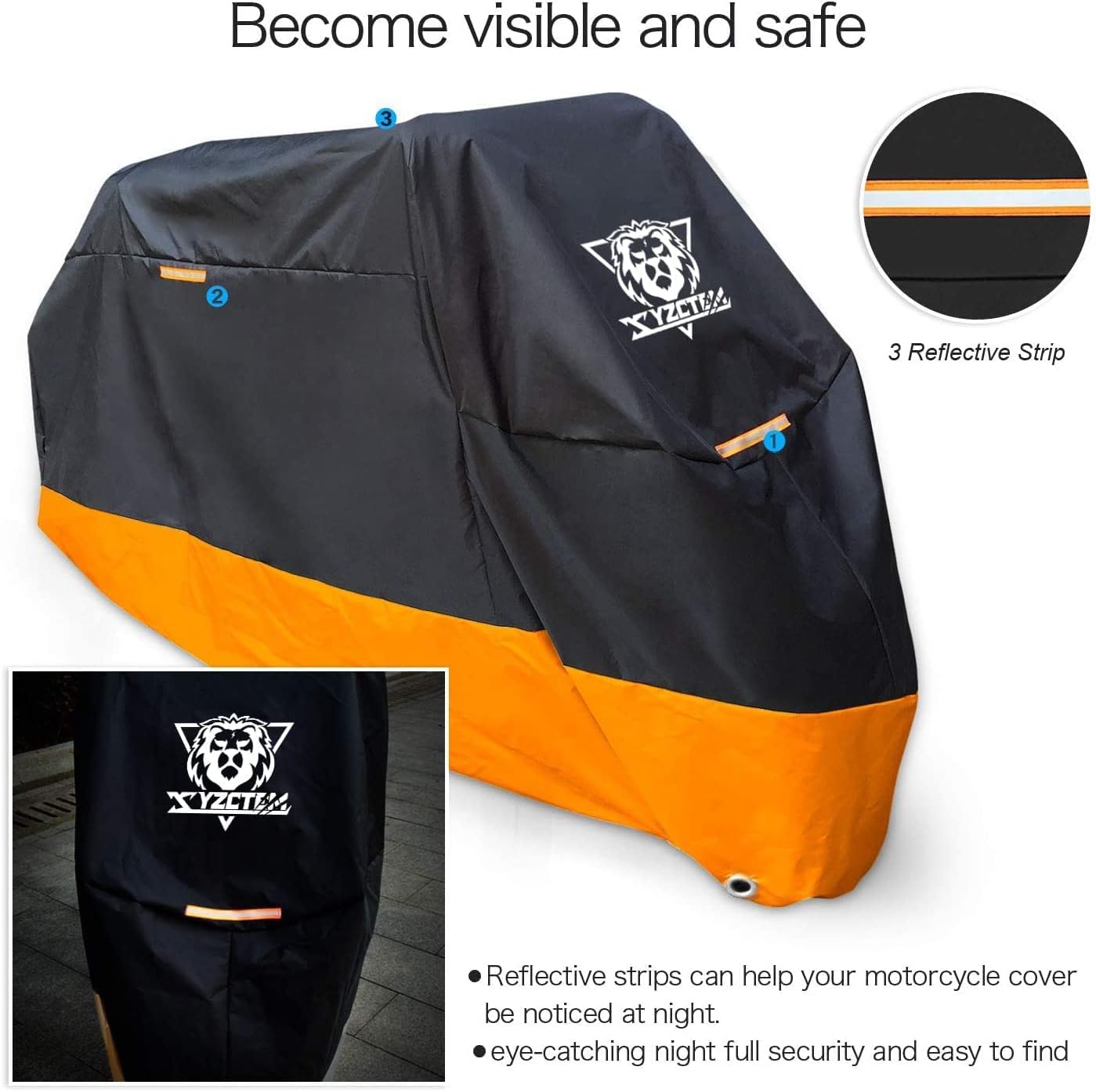 XYZCTEM Motorcycle Cover – All Season Waterproof Outdoor Protection – Precision Fit up to 97 Inch Tour Bikes, Choppers and Cruisers – Protect Against Dust, Debris, Rain and Weather (Black& Orange)