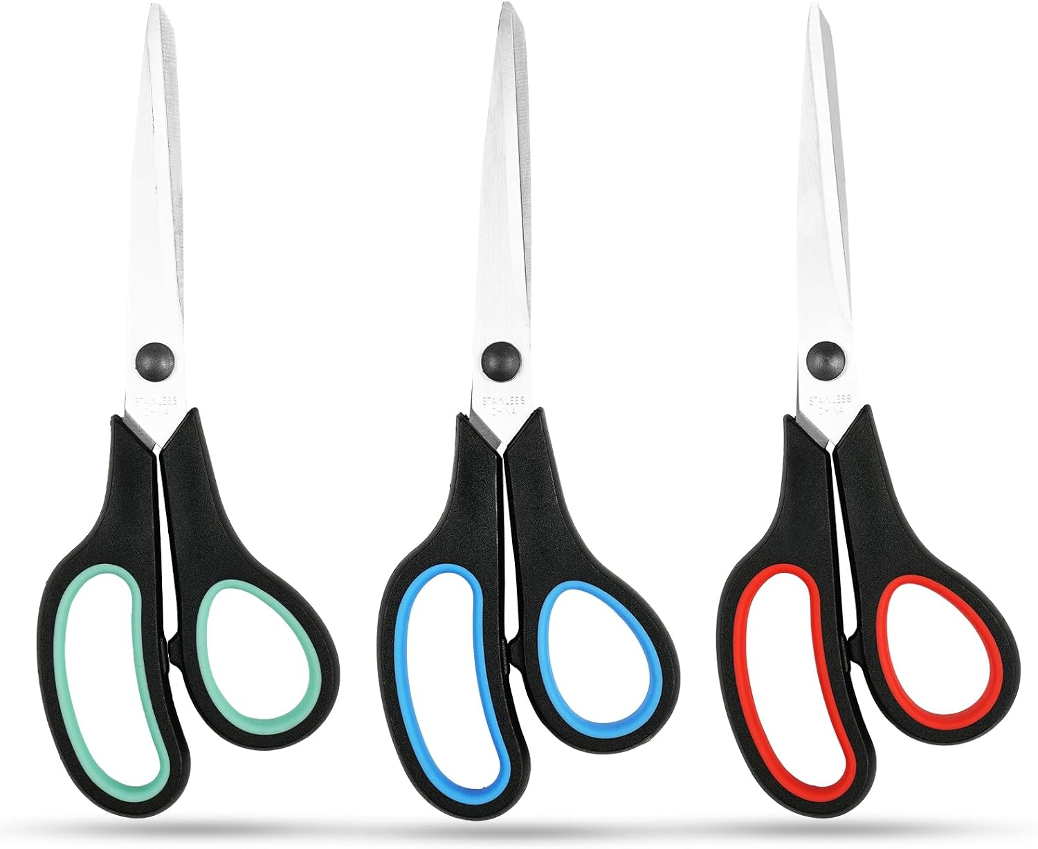 3-Pack 8" Heavy Duty Scissors with Ultra Sharp Blades and Comfort Grip Handles - For Office, Home, School, Sewing, and Crafts (Black Green/Black Red/Black Blue)