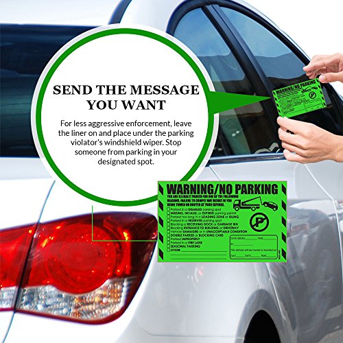 Parking Violation Stickers for Cars (Fluorescent Green) - 50 Illegal Warning Reserved, Handicapped, Private Parking and More/No Parking Hard to Remove and Super Sticky Tow Warnings 8” x 5” by MESS