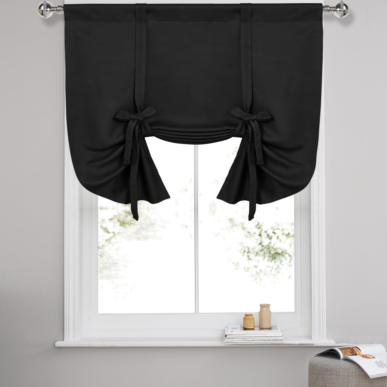 DWCN Tie Up Curtain-Thermal Insulated Room Darkening Blackout Curtains for Livingroom, Bedroom and Dining Room, Black, W42 X L45 Inches, 1 Rod Pocket Panel