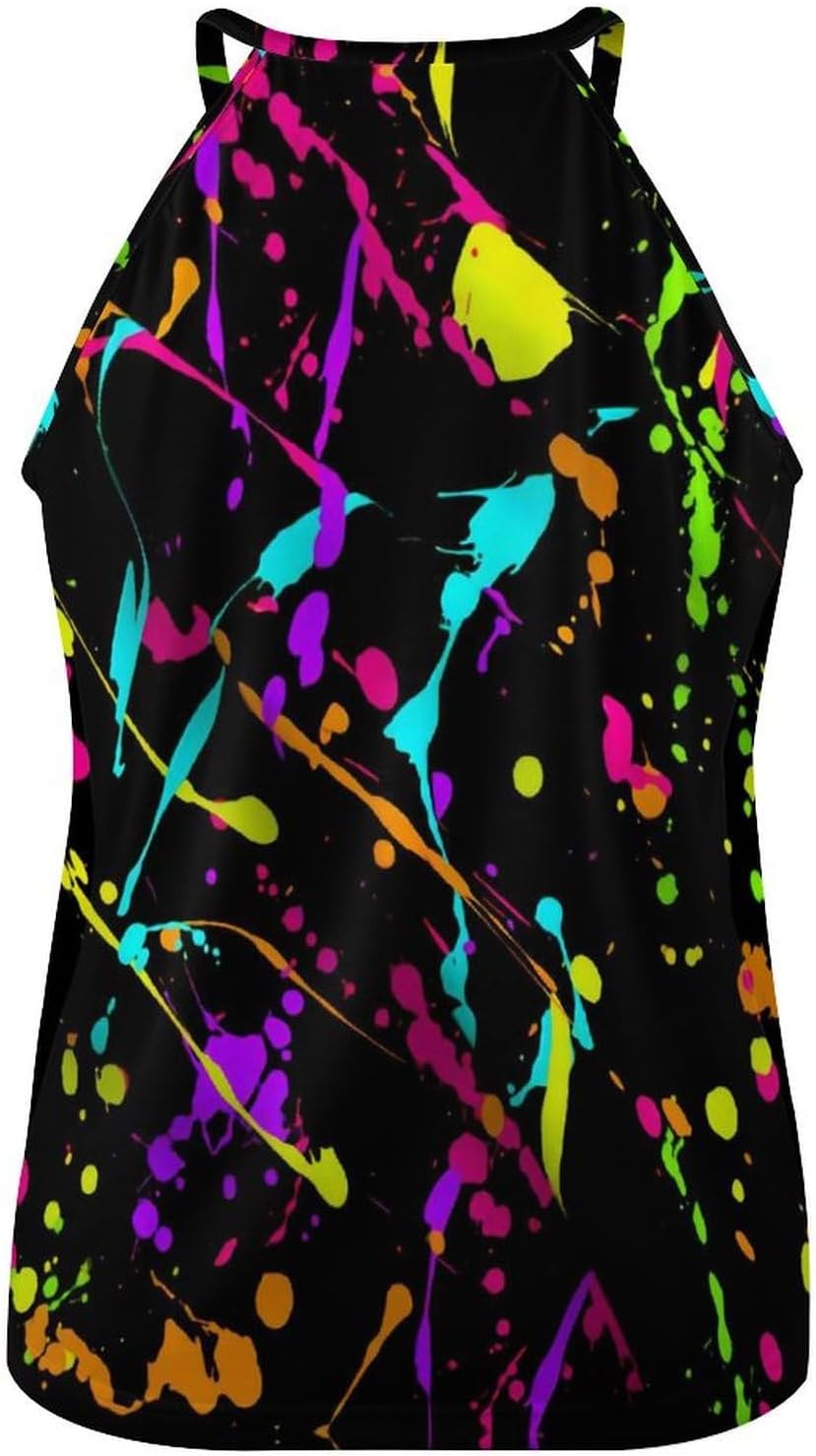 Glow in Dark Splatter Neon Women's Round Neck Vest Sleeveless Tank Tops Casual T-Shirts - Image 5