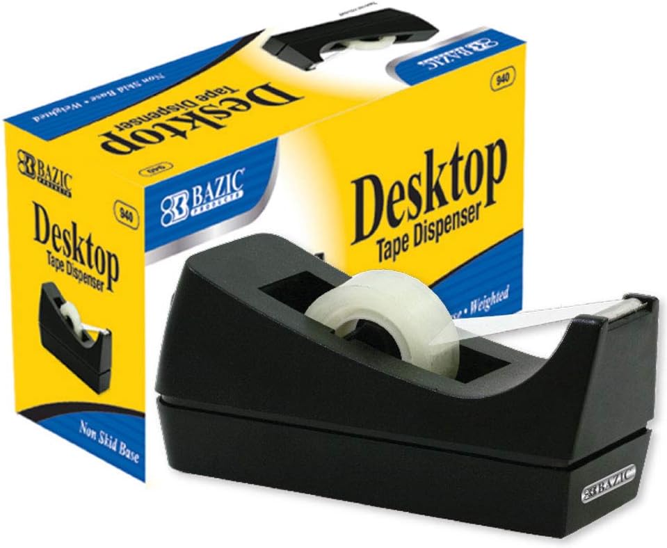 BAZIC Products Desktop Tape Dispenser 1" Core, Weighted Non-Skid Base, Sharpe Blade Tapes Holder for Office Home School, Dispenser Only, 12-Pack