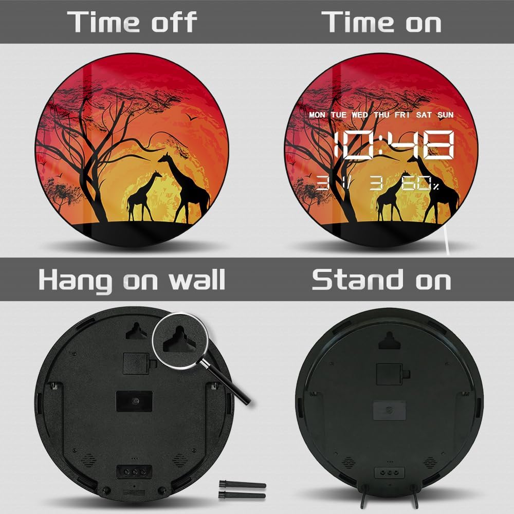 12'' Africa Giraffe Digital Wall Clock with LED Display, Giraffe Savannah African Sunset Wildlife Animals Safari Electric Wall Clock Auto-Brightness, Temperature, 12/24hr Format for Bedroom