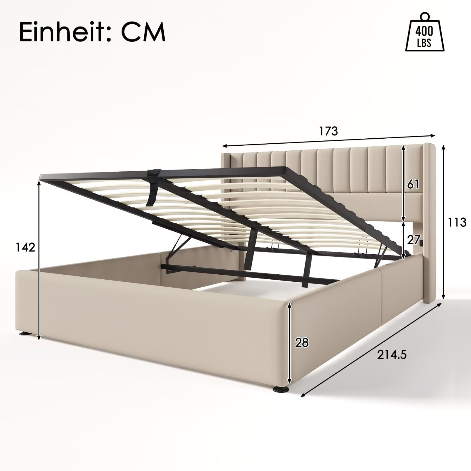 WOBOPCG Gestoffeerd tweepersoonsbed 160 x 200 cm, bed 160 x 200 cm met opbergruimte LED en USB, structuur tweepersoonsbed met led-bedden gestoffeerd, met opbergdoos, springbed (grijs, linnen, 160 x