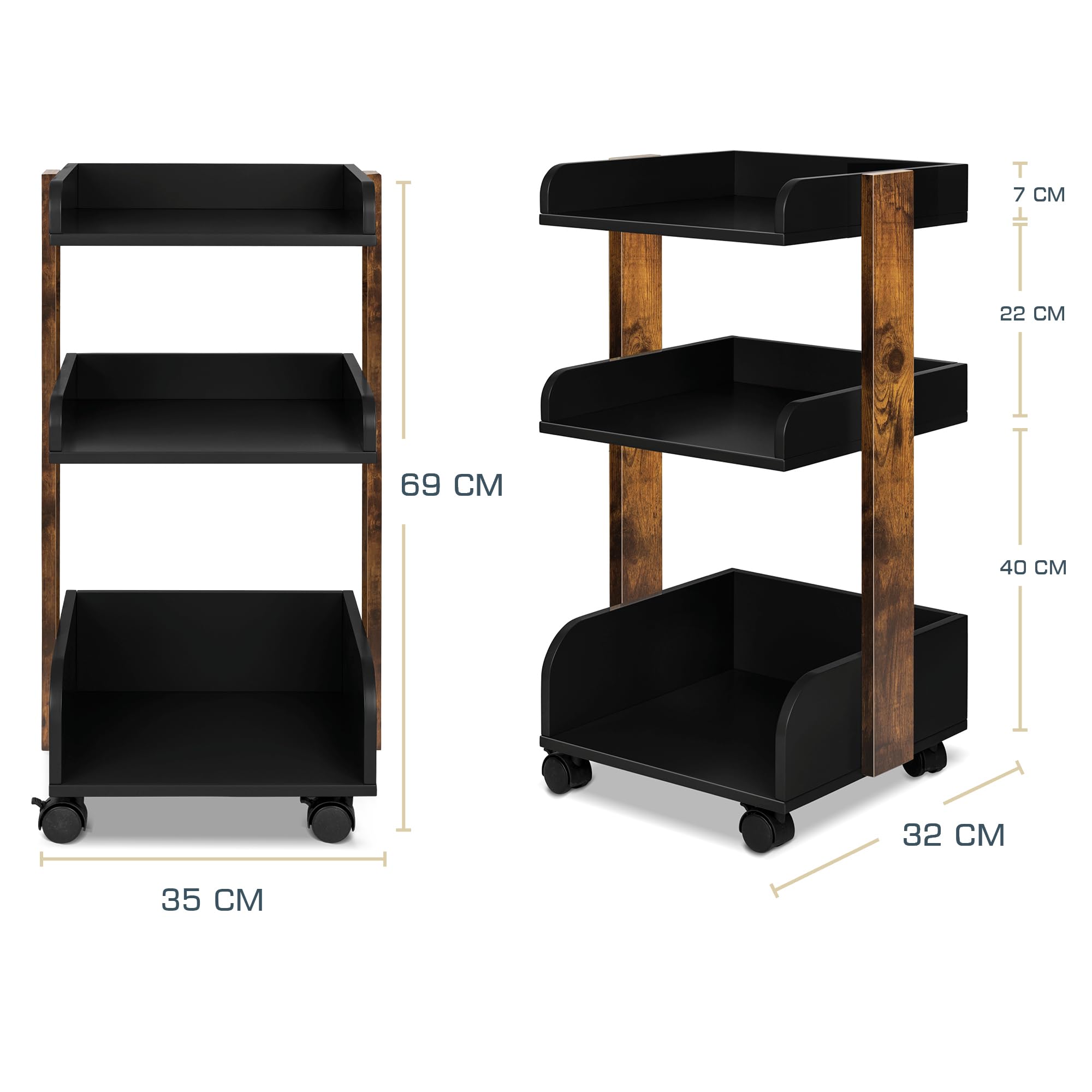 bomoe Carro de Cocina con 4 Ruedas bloqueables y 3 estantes Bosse - Madera FSC® Carro para Servir Carro para Manualidades Mesa Mueble Auxiliar Cocina 32x35x69cm Negro y Marrón