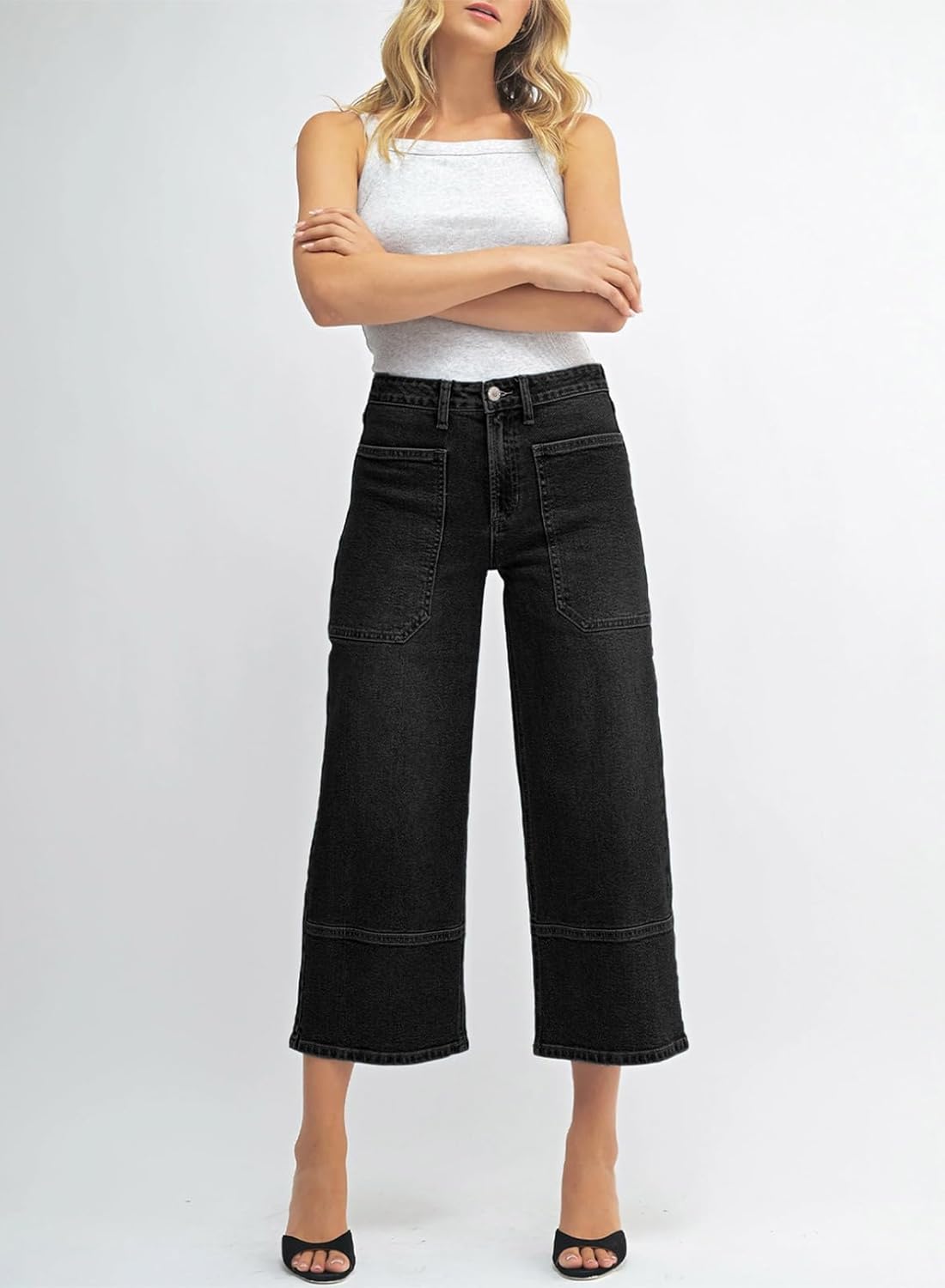 Sidefeel Women's Wide Leg Jeans High Waisted Stretchy Big Pockets Capri Denim Pants - Image 3