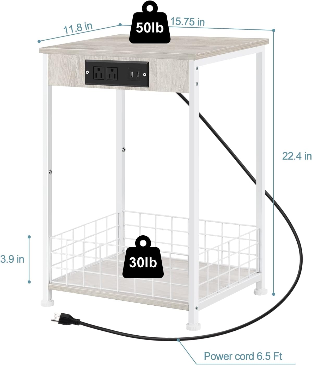 White Nightstands Set of 2 Bedroom End Table with Charging Station, Outlets and USB Ports, Narrow Side Tables for Small Spaces, Modern Bedside Night Stands for Living Room