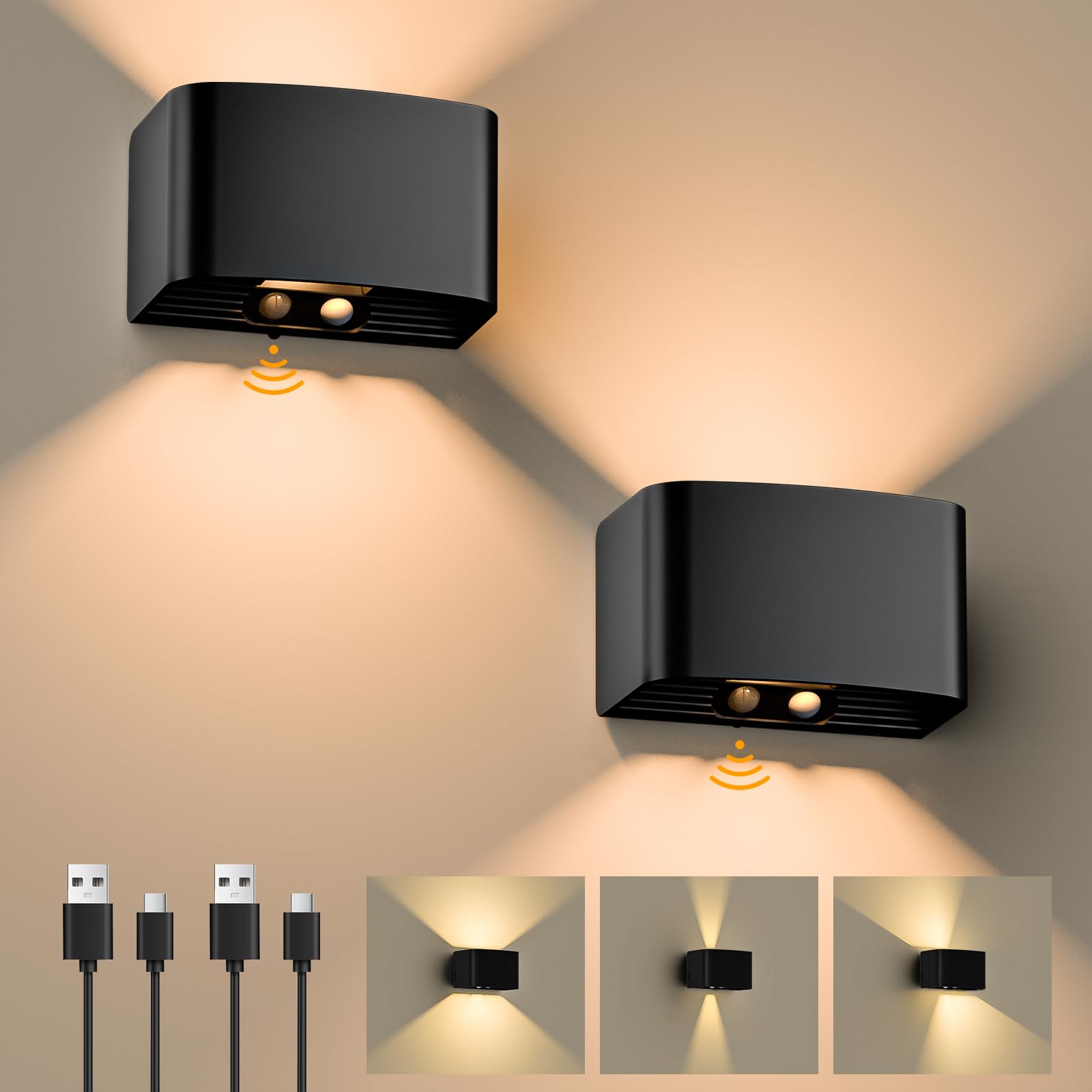 2 Pack Negro Lámpara De Pared LED Interior, 3 Colores Y 3 Niveles De Brillo, El Brillo Se Puede