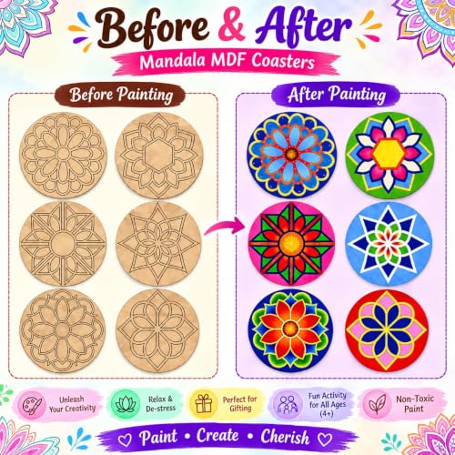 Image of ImagiVibe Premium Mandala Coaster Painting Kit for Kids & Adults | DIY Mandala Art | 6 Pre-Marked Wooden 4 Inch MDF Coasters with Stand | Creative Art & Craft Activity | Gift (Mandala - Tempera Paint)