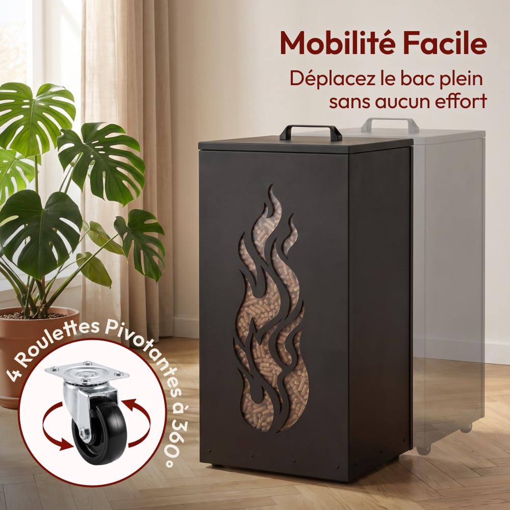 CASABEL Réservoir Pellets & Granulés avec Roulettes, Cap.45kg, Motif Flamme