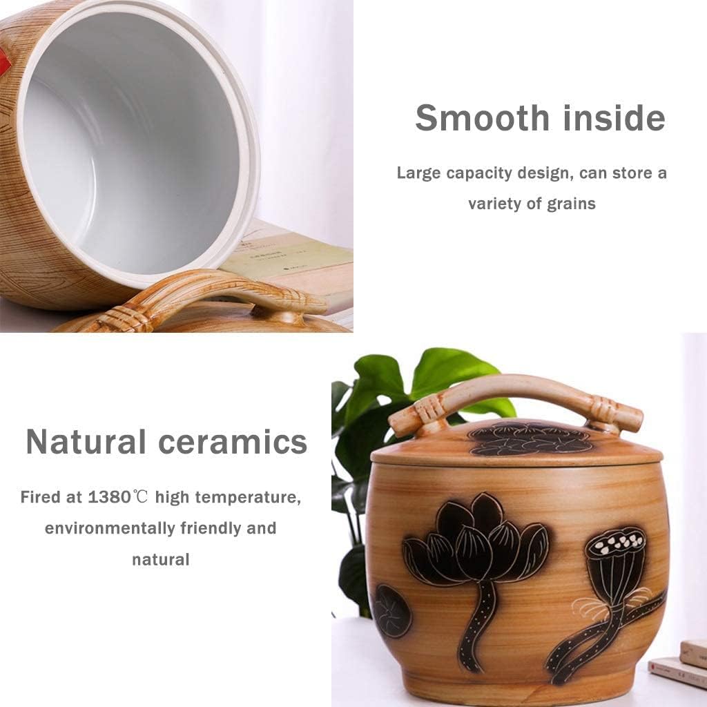 Food Storage Containe Rice Storage Containe Hand-Painted Lotus Ceramics Rice Bucket Kitchen Sealed Flour Bucket with Lid Large Capacity Grain Dispenser with Handle (Size : 5KG) (10KG)