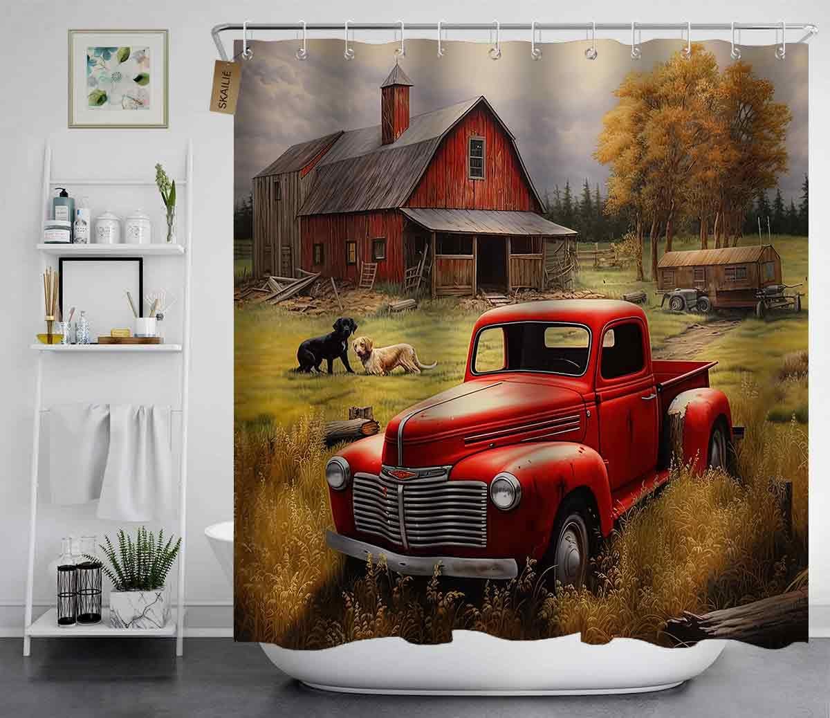 4PCS Rustic Farmhouse Shower Curtain Set, Antique Red Truck Car Vintage Farm Pickup Truck Tractor Dog Autumn Fall Barn Cabin Lodge Country Bathroom Decor, Non-Slip Bath Mat Toilet Rug