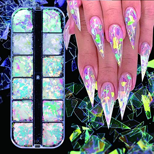 12 Grids Nail Mermaid Flake Glitters Nail Art Sequins Holographic 3D Irregular Ultra Thin Iridescent Glitter Nail Art Sequins Confetti Stickers Glass Paper Glitter For Diy Manicure Designs #TOP1