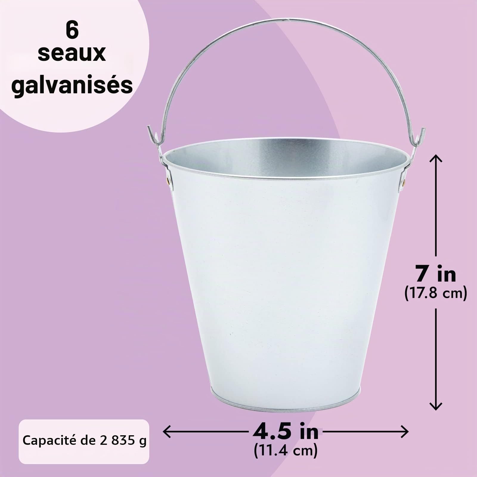 Seaux en Métal Galvanisé avec Poignées, Lot de 6 seaux en Fer Blanc pour Fleurs, Bières, Glaçons, Vin, Champagne, Fêtes, Centres de Table, 17,8 cm