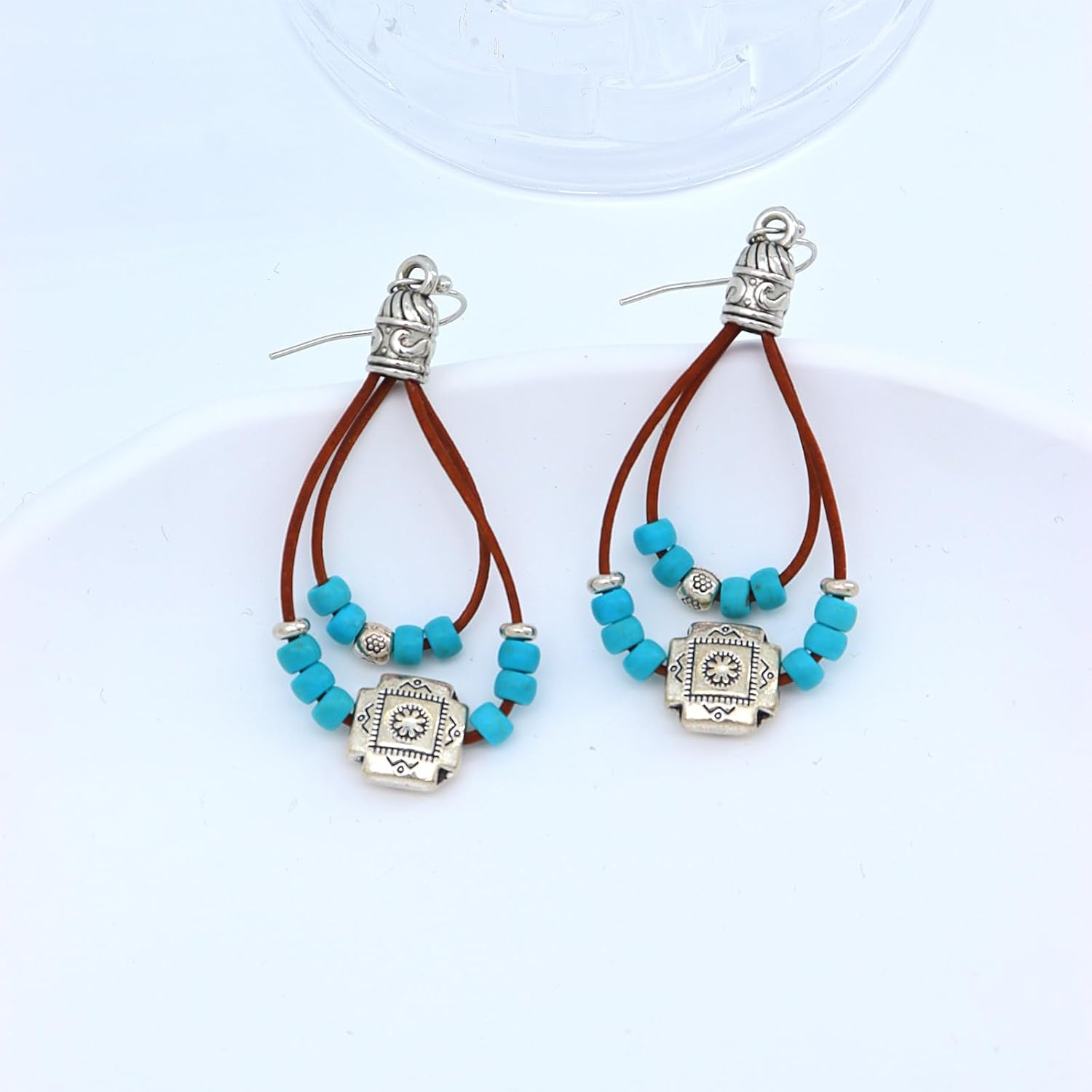 Boho Western Earrings,Vintage Turquoise Flower Leather Braid Dangle Drop Earrings for Women,Bohemian Country Concert Jewelry Accessories - Image 6