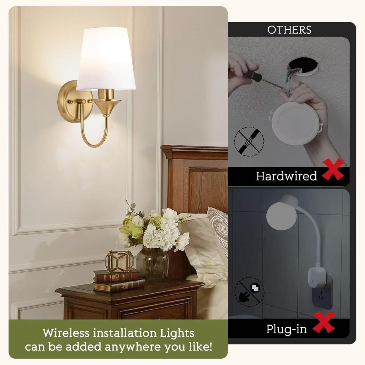 Brass Battery Wall Sconces Battery Operated Wall Lights Set of Two with Rechargeable Bulbs & Remote, Wireless Gold Battery Powered Wall Sconce, Cordless Fabric Wall Lamp for Bedroom Living Room Porch