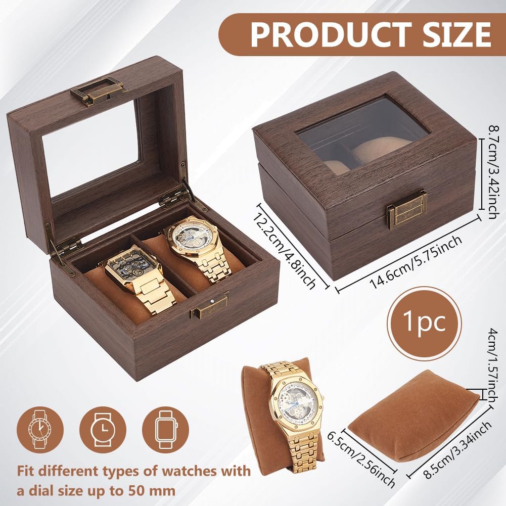 INFUNLY 2 Slots Watch Storage Box with Glass Lid PU Leather Men Watch Box Organizer Watch Display Case with Removable Velvet Pillow for Father's Day Gift