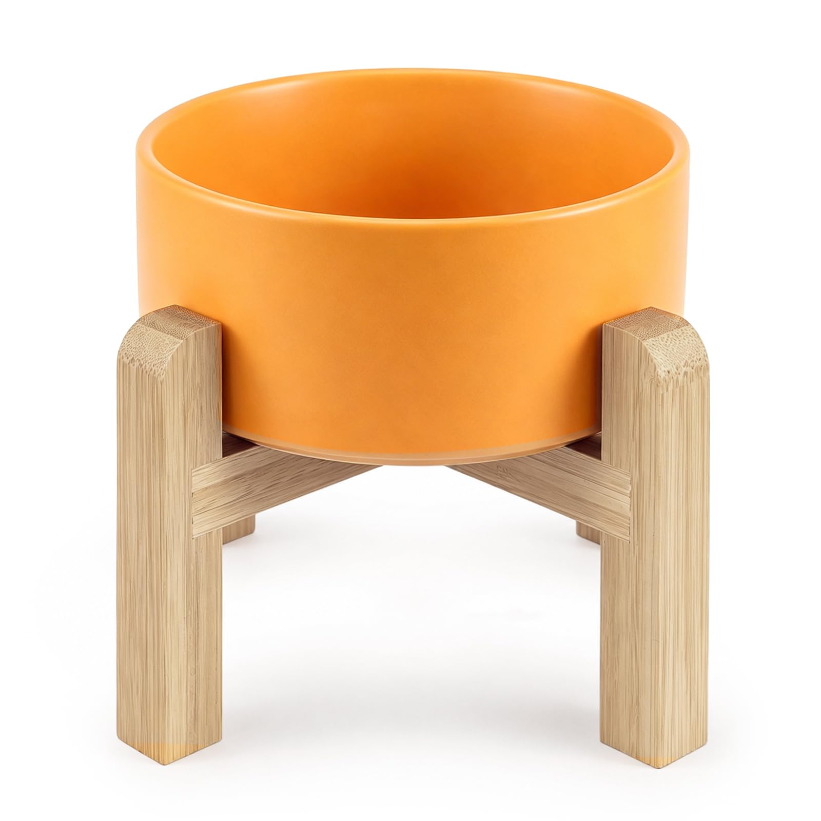 Minifactory Ceramic Raised Cat Bowl with Bamboo Stand, Elevated Cat Food and Water Bowl, Adjustable Height Pet Feeding Bowl, Anti Vomiting Cat Dish, Non Slip Bowl for Cats and Small Dogs (Yellow, M)