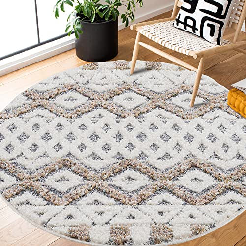 payé Teppich Rund - Hochflor - 120x120cm - Ethno - Skandinavisch - Pastell Cream Multi - Modern Raute Muster - Flauschig - Wohnteppich Schlafzimmer Dekoration