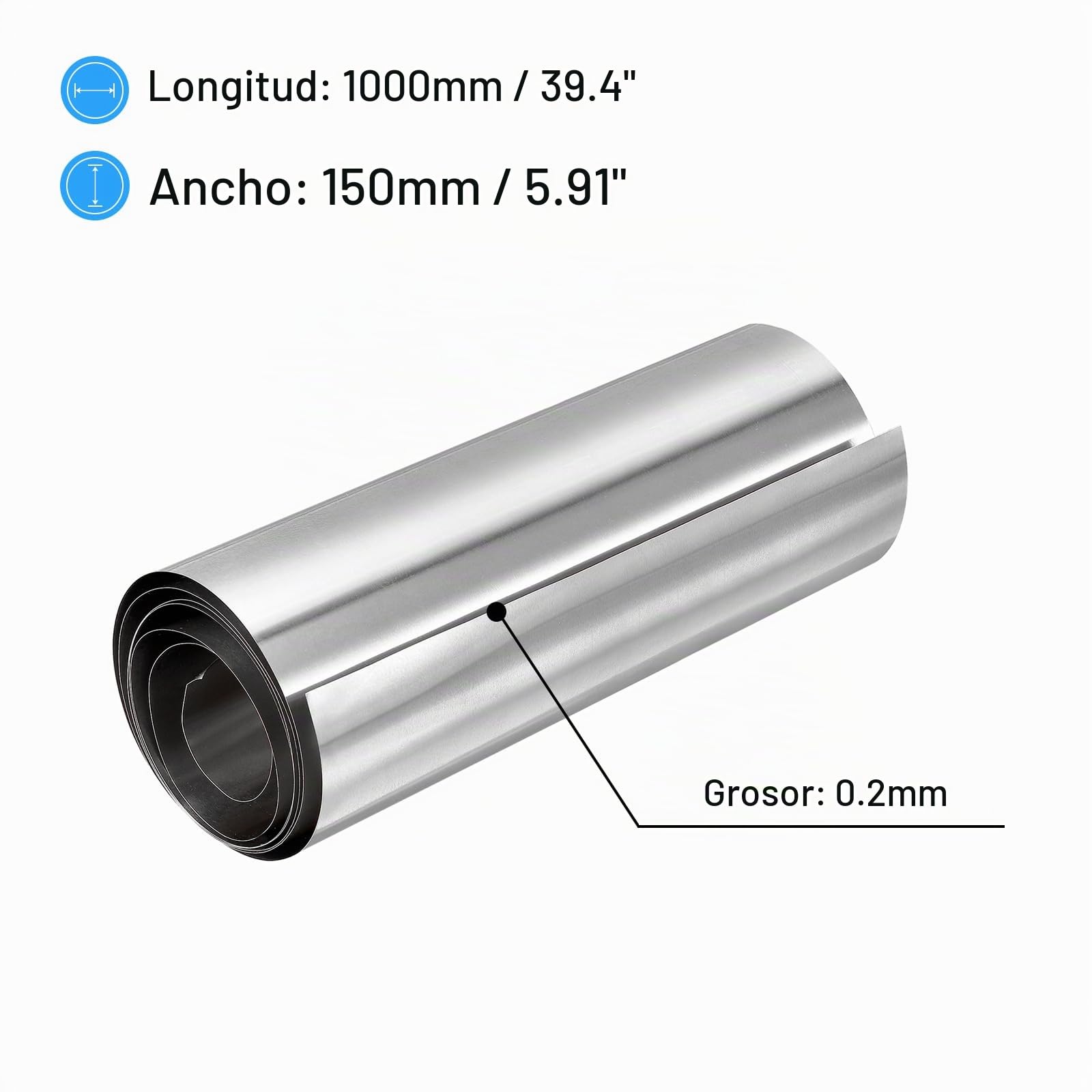 sourcing map Rollo de Lámina de Acero Inoxidable 304, 0.2mm x 150mm x 1m, Acabado Pulido, Placa de Metal para Manualidades, Equipos Electrónicos, Tono Plateado