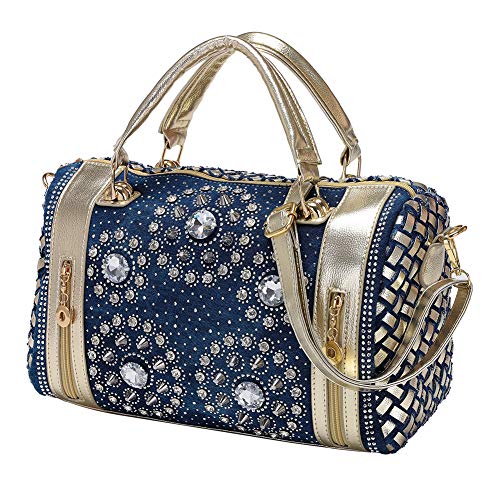 Modoker Bling Purses for Women, Jeans Rhinestone Top Handbags, Shiny Denim Bags with Adjustable Strap, Dark Blue