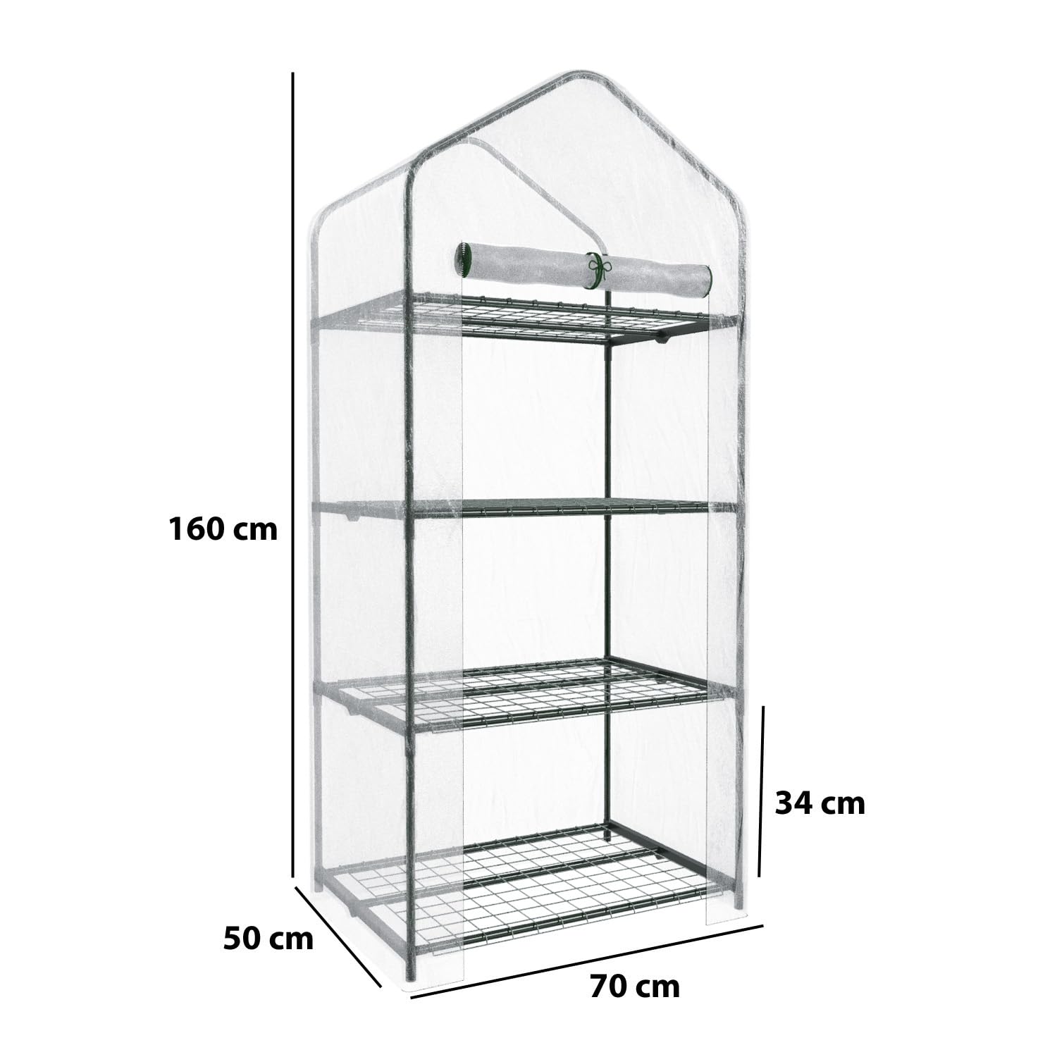 Serra A 4 Ripiani Da Giardino Per Orto Telaio In Acciaio Verniciato Telo In PVC Trasparente Porta Avvolgibile Apertura A Cerniera Protezione Piante Giardinaggio Design Sunnyside 69 x 49 x 160 Cm