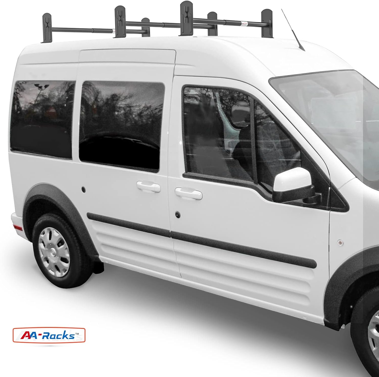 AA-Racks Model DX36 Compatible Transit Connect 2008-13 Steel 3 Bar Utility Drilling Van Roof Ladder Rack System - Sandy Black