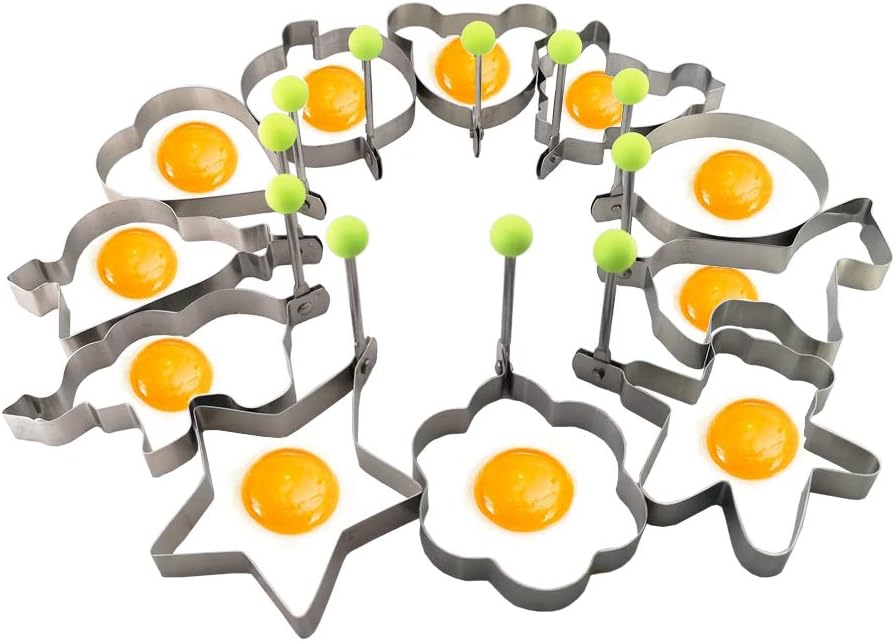 Egg Rings with Handle, Egg Poachers Set of 11 pcs 304 Stainless Steel Fried Egg Molds Pancake Molds Metal Poached Egg Shapers Pancake Makers Omelet Molds Cooking Tool Kitchen Gadget