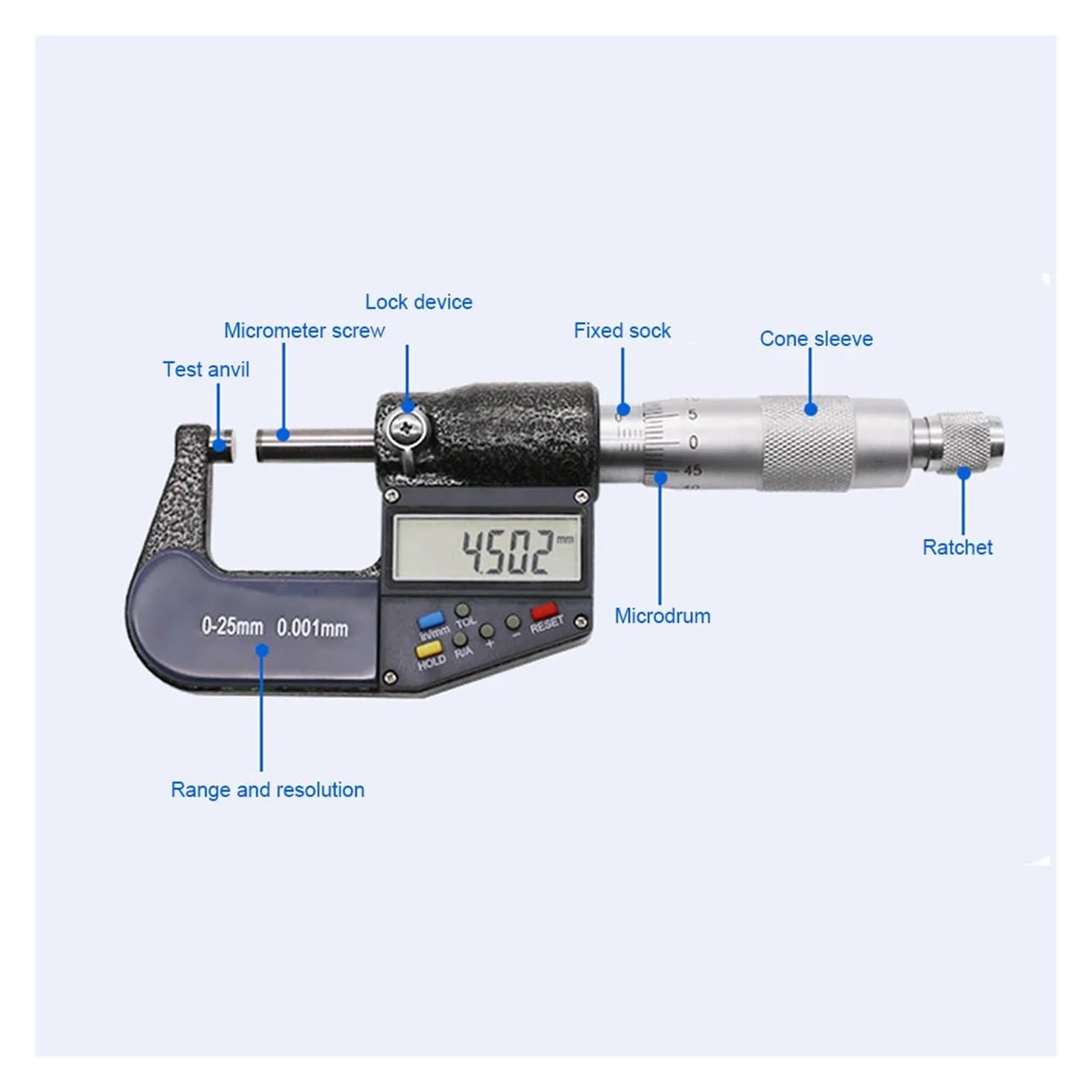 micrómetro, Micrómetro exterior Micrómetro digital Herramienta de medición 0-25 mm Micrómetro digital electrónico 0,001 mm Juego de calibre y llave de espesor, Herramientas de medición y diseño
